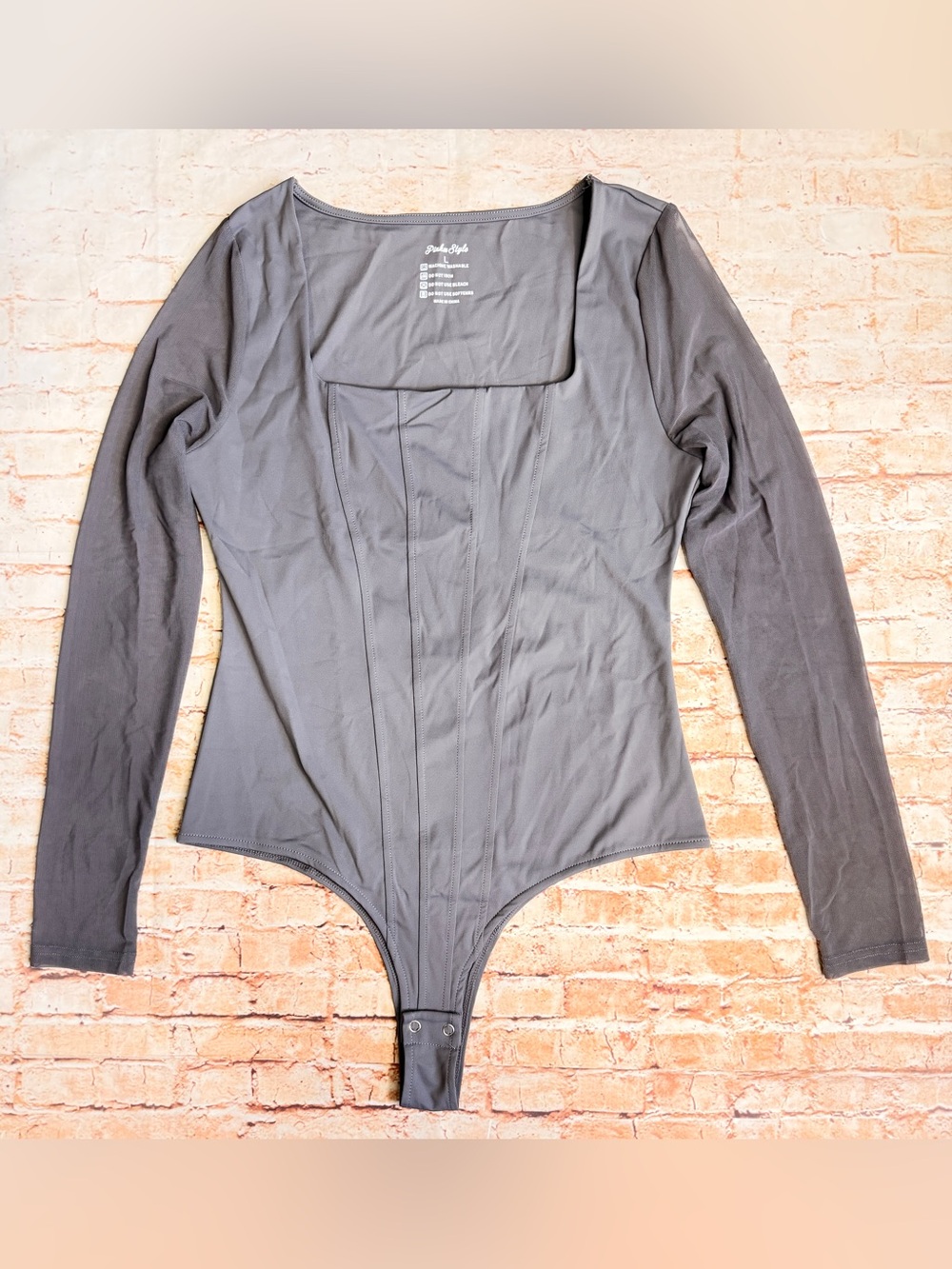 Women's Long Sleeve Gray Corset Stitched Bodysuit - Stretch Square Neck
